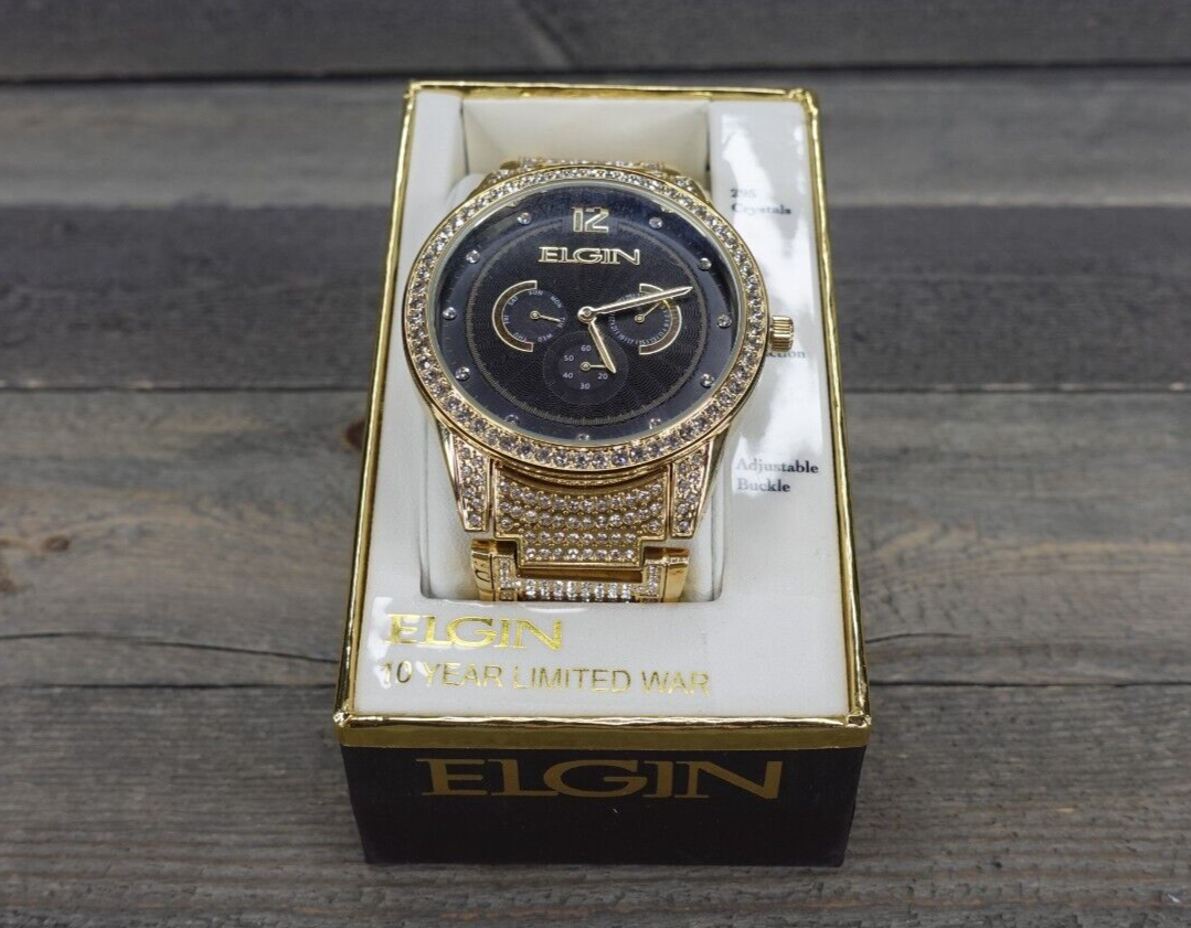 Elgin Men s Gold Tone 295 Crystals Black Dial Watch