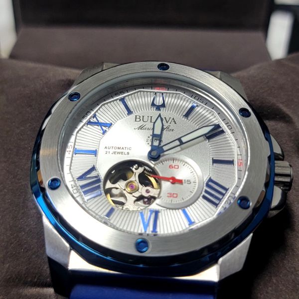 Bulova Marine Star Automatic White Dial Blue Rubber Strap Men's Watch ...
