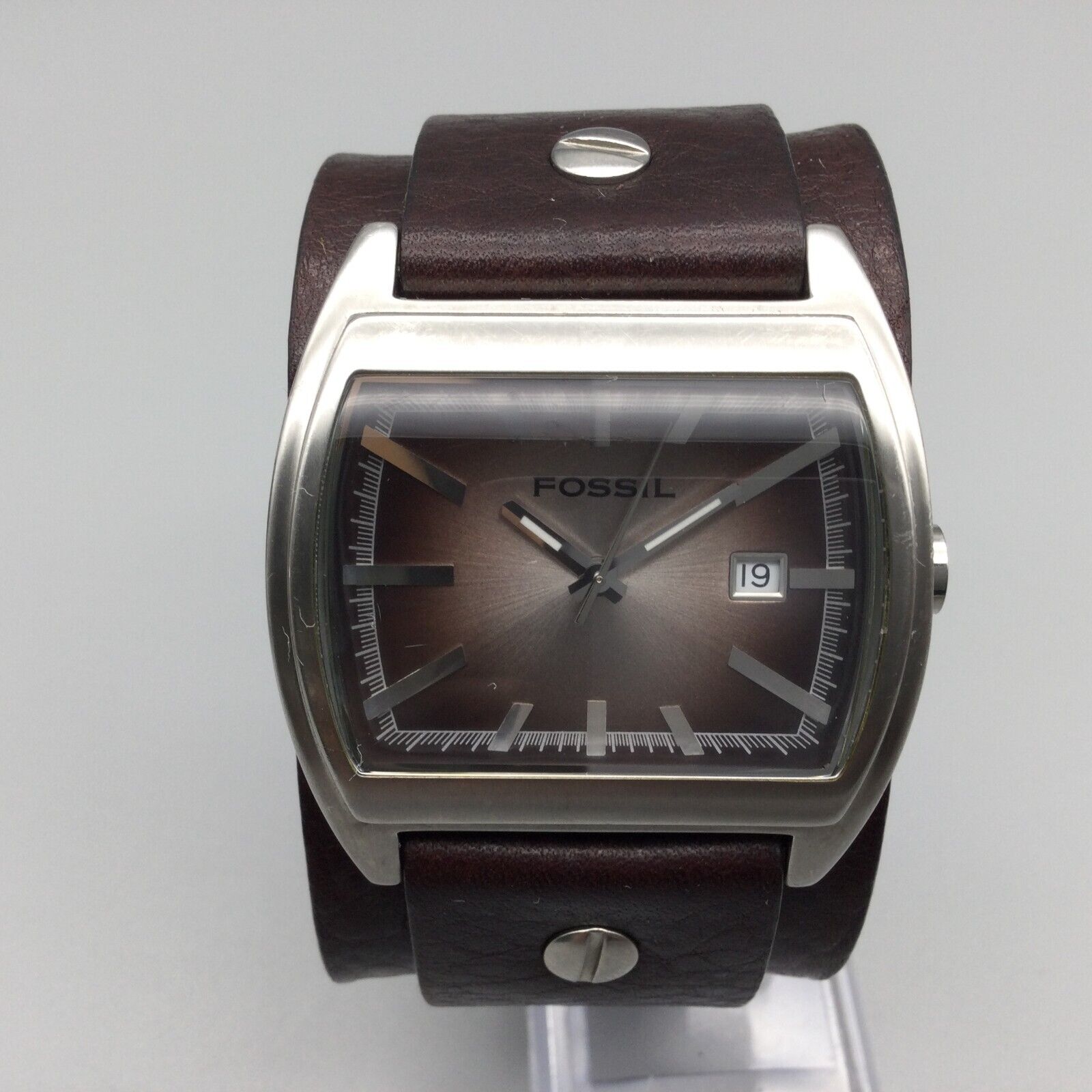 Fossil Watch Men Silver Tone Rectangle Date Wide Leather 