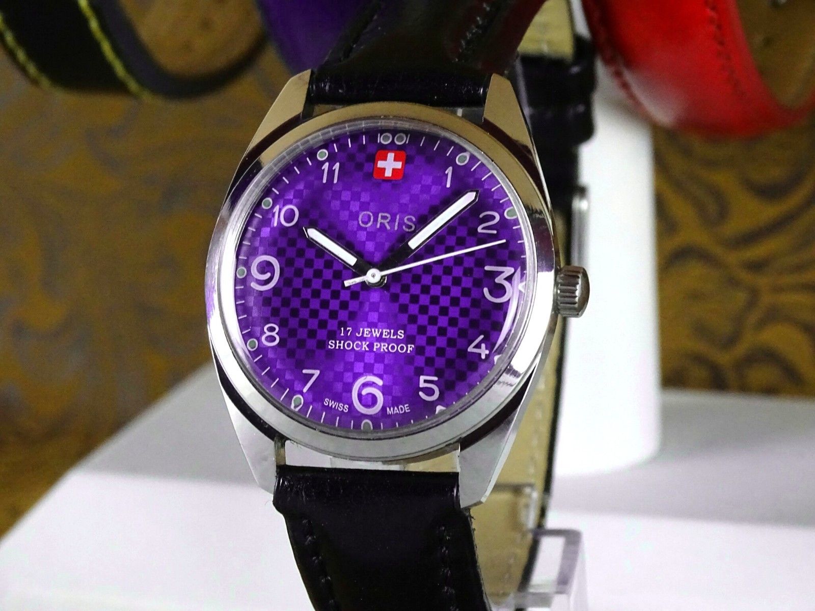 VINTAGE ORIS Men s Watch. Hand Winding Checkered Purple Dial