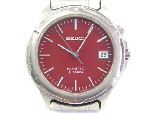 Vintage Mens Seiko Kinetic Date 5M42 0A20 Titanium wrist watch red