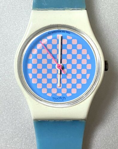 Vintage Swatch Watch 1980s Rare Pink and Blue Checkered Face Vintage Swatch Watch 1980s Rare Pink and Blue Checkered Face