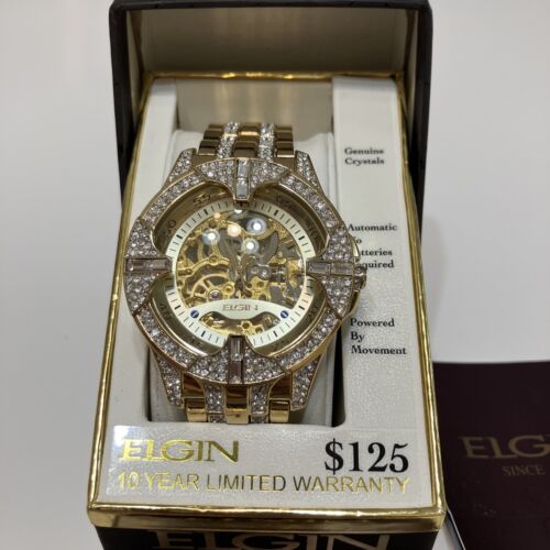 Elgin men's crystal bezel transparent outlet automatic skeleton watch gold