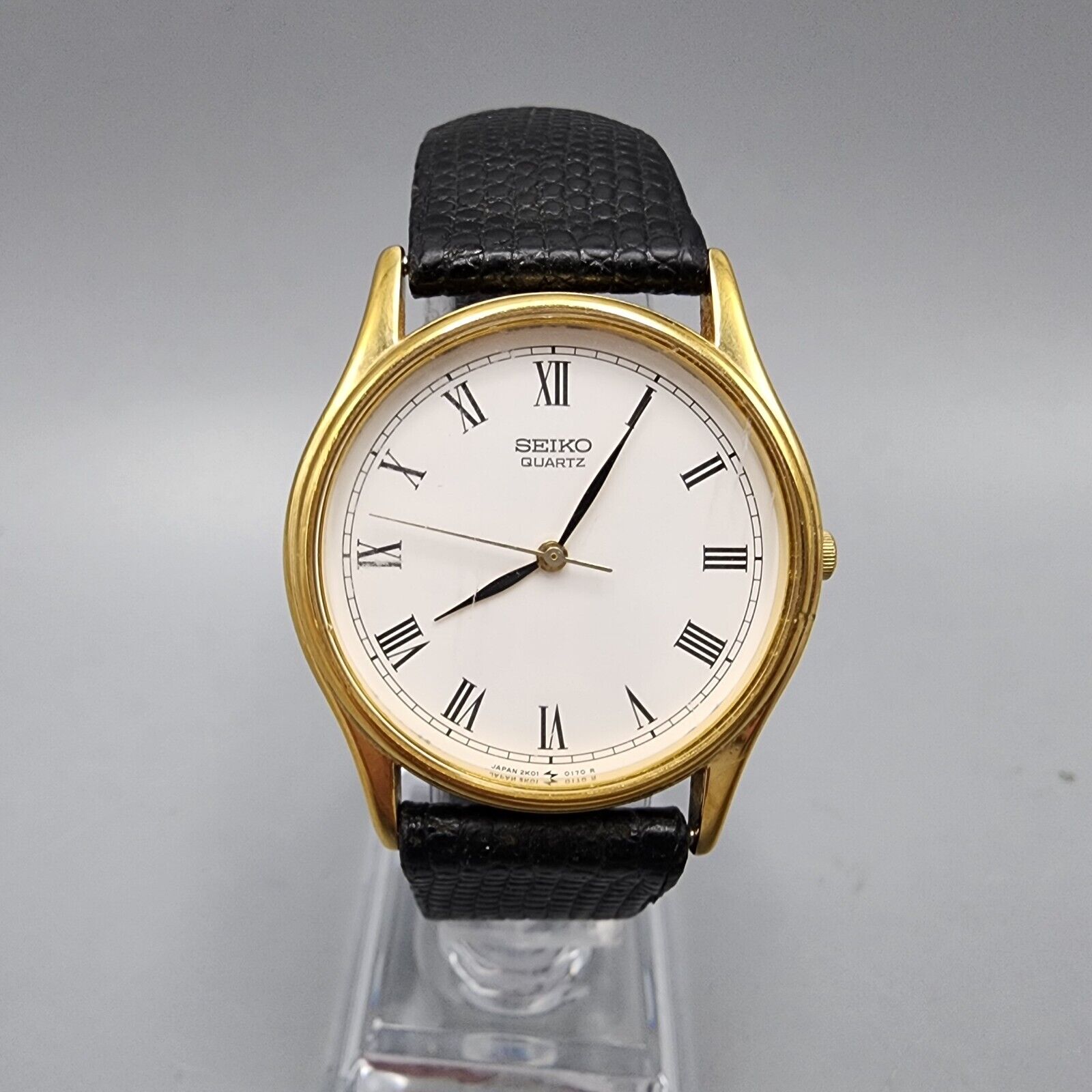 Vintage Seiko Watch Men Gold Tone White Dial Round 32mm 2K01 0099