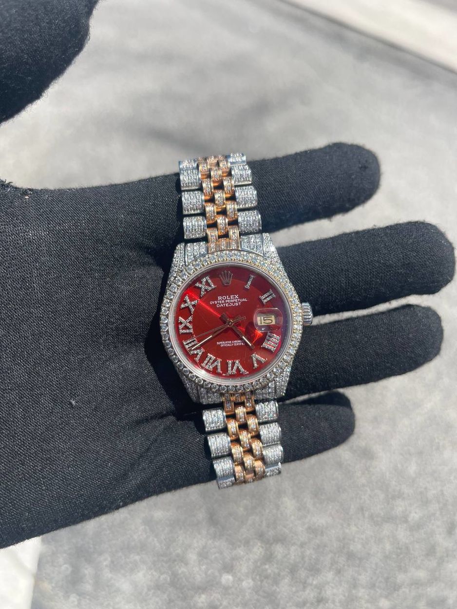 FSOT Rolex Datejust 36mm red Roman diamond dial Bussdown iced out rose gold and stai WatchCharts Marketplace