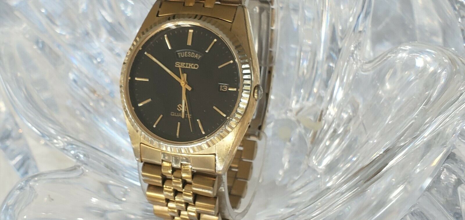 Vintage Seiko SQ President Black Dial Day Date Gold Tone Men s