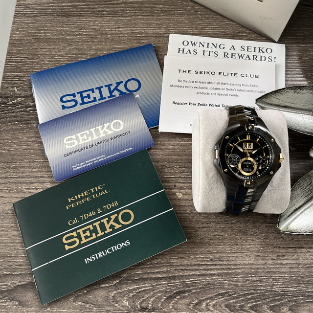 Seiko Coutura Kinetic Men s Watch SNP017 Perpetual Calendar Black Gold 43mm 200 USD WatchCharts Marketplace