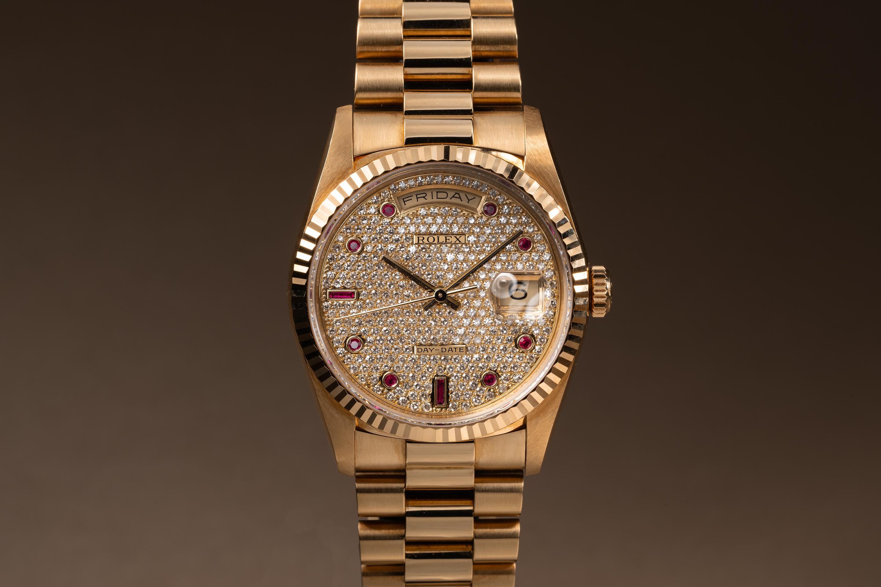 FS: 1994 Rolex 18K YG Day-Date 18238 Diamond Ruby Pave Dial with Box ...