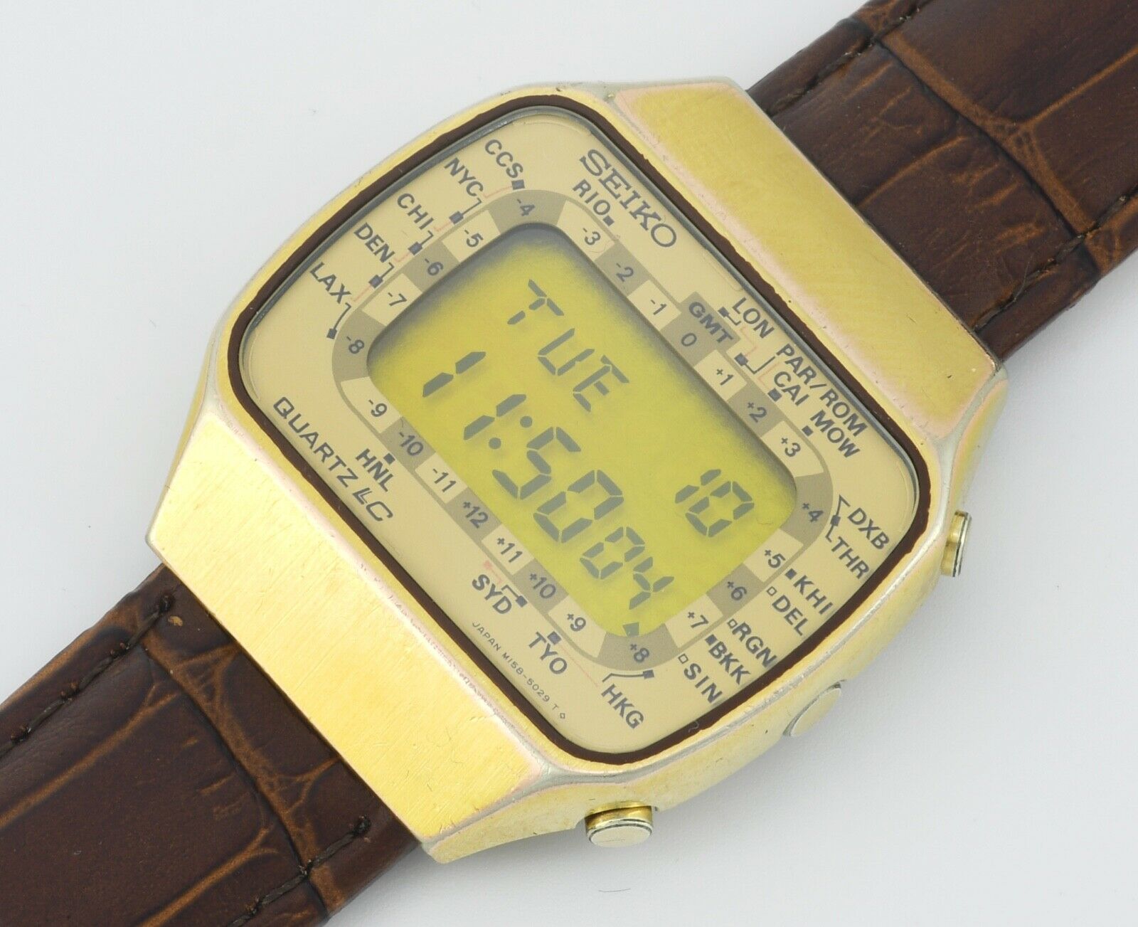 Vintage Seiko Quartz LC Watch World Time w/ Band M158-5009
