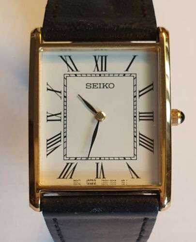 Mens Gold Plated Seiko 7N00 5C70 White Roman Tank Watch Ultra