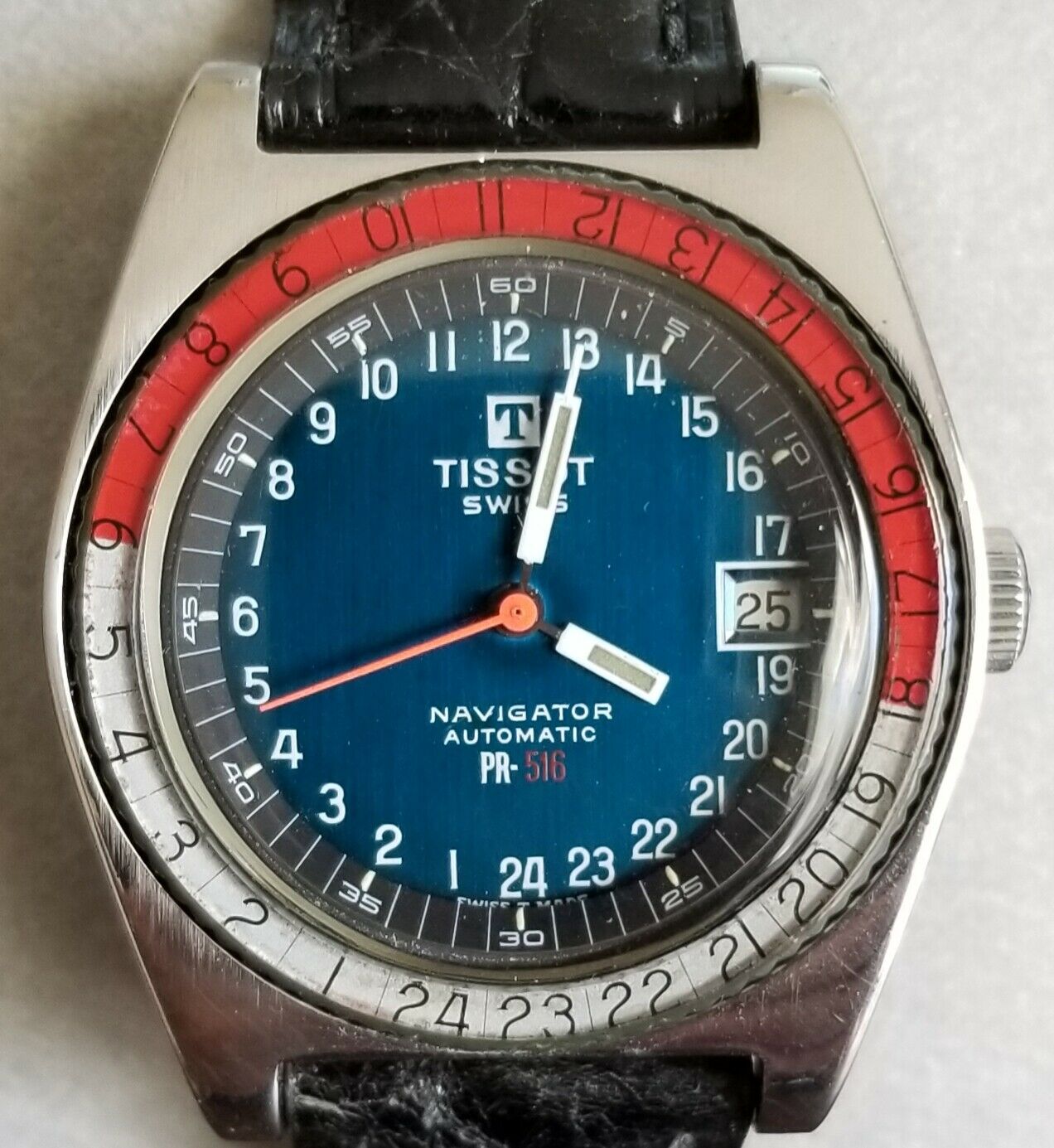 Original Vintage Tissot Navigator PR-516 Stainless steel 24hr dial AS IS TISSOT NAVIGATOR PR-516 AUTOMATIC 24 HOUR MECHANISM ROTATING  main image 2