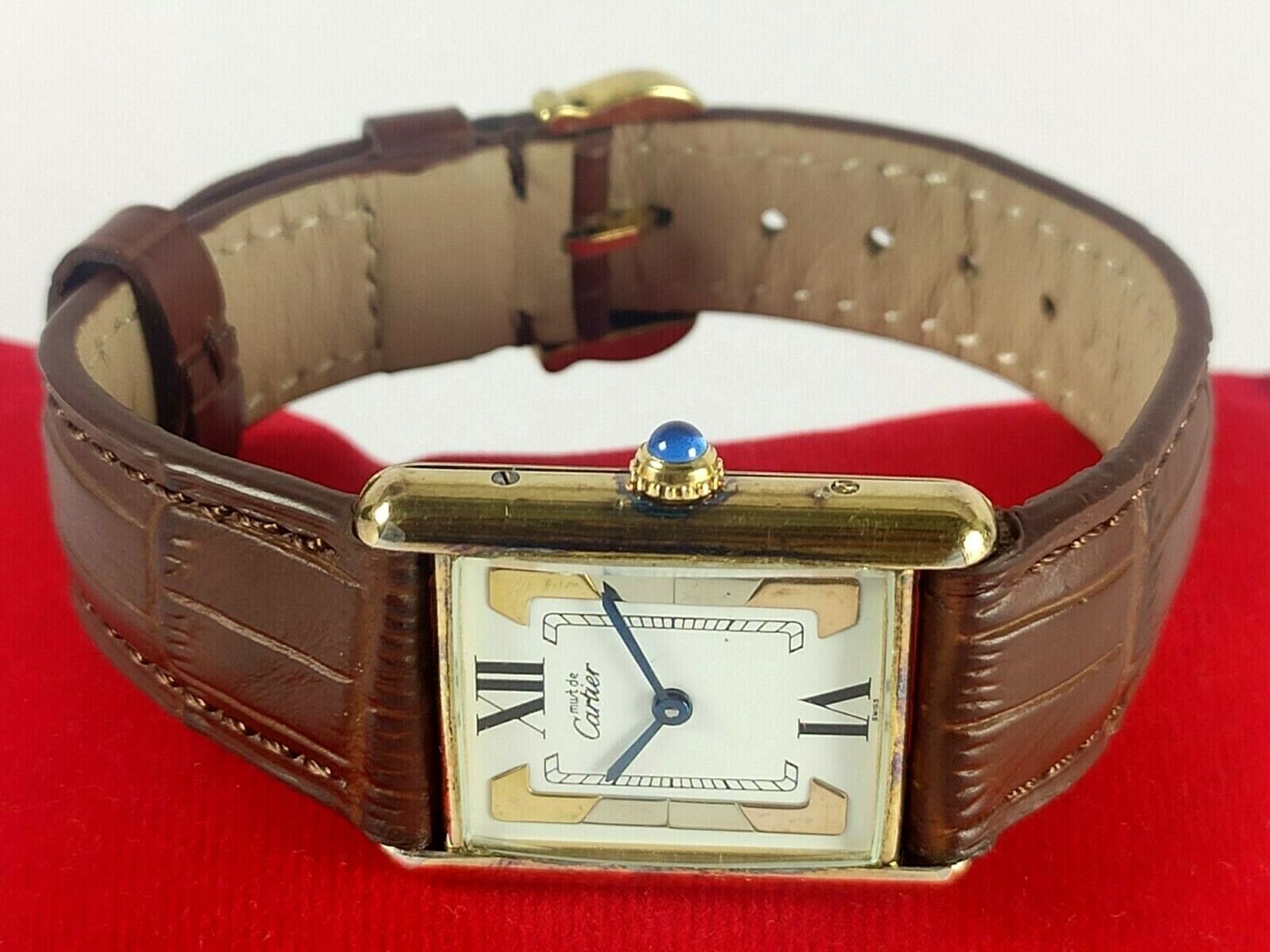 CARTIER PARIS 6 81006 TANK QUARTZ ARGENT 925 PLAQUE OR 20 M GOLD