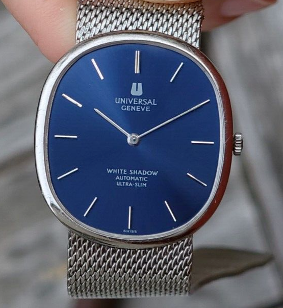 Universal Geneve White Shadow Ultra Slim Ellipse Blue Dial Mesh