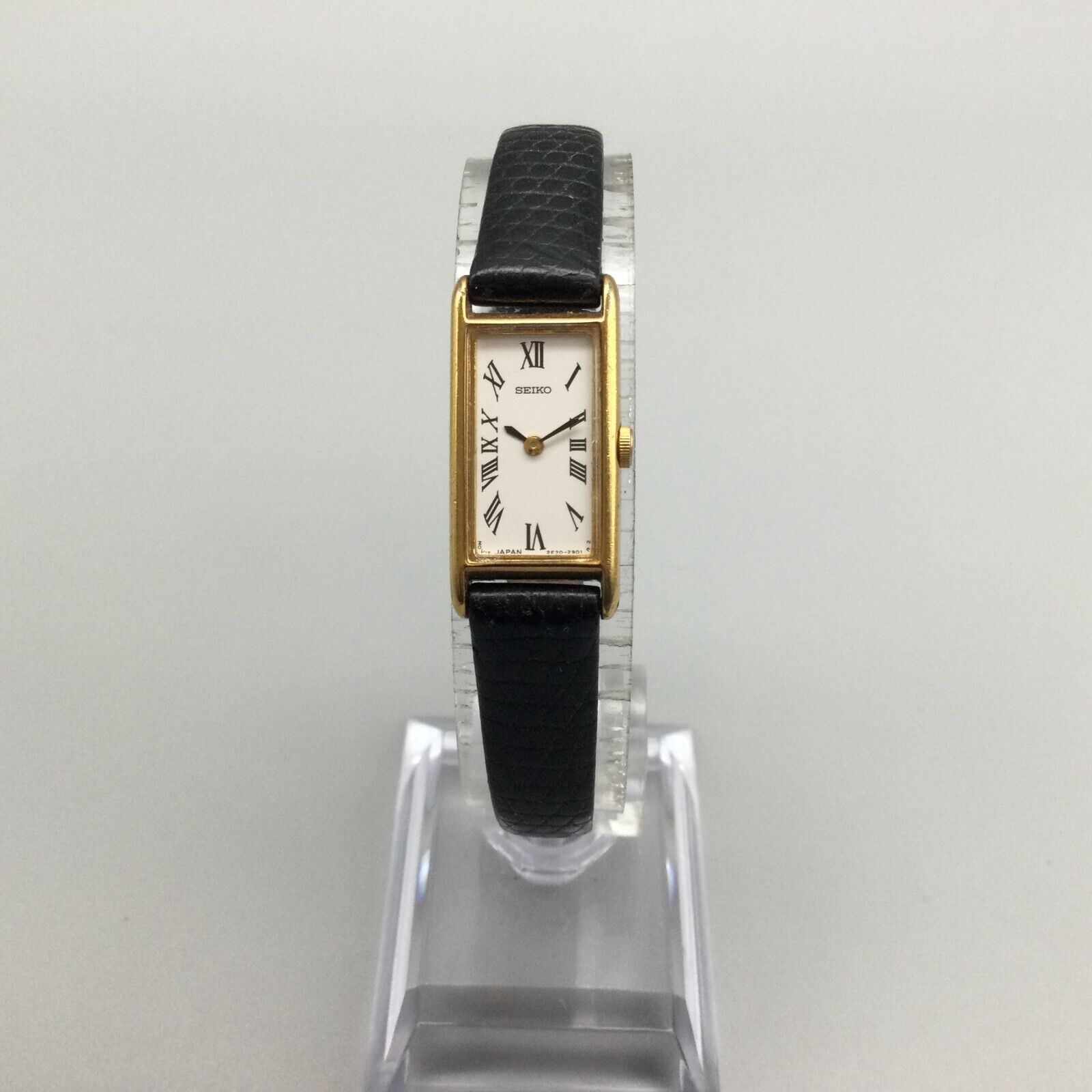 Vintage 80’s Seiko Mini Tank Gold Tone Black Leather Wristwatch Japan 2E20-6120 Tasteless_Teenager | Vintage Seiko Quartz 2E20-6120 Gold  main image 2