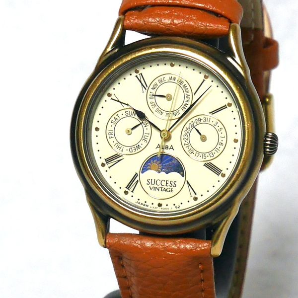 SEIKO ALBA SUCCESS VINTAGE Watch V33F-6A10 1990 Sun & Moon Triple ...