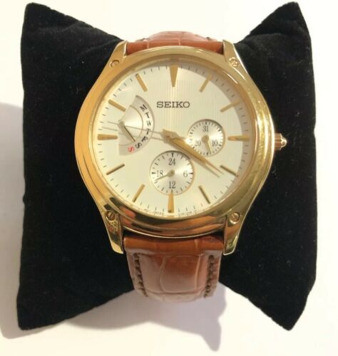 Seiko 5Y66-0AB0 Day Date Quartz Watch (New Battery) Leather Band 