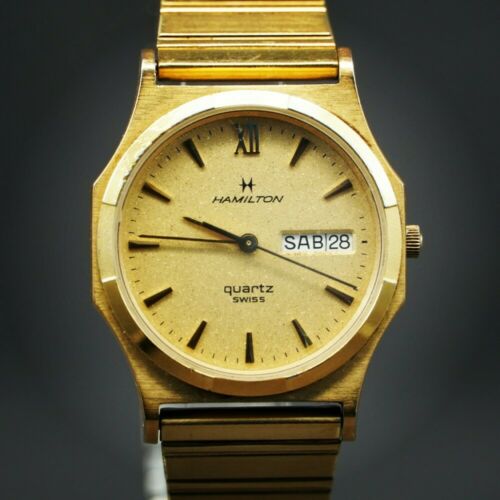 Vintage MENS GOLD HAMILTON 9980 FANCY DIAL DAY-DATE retro QUARTZ