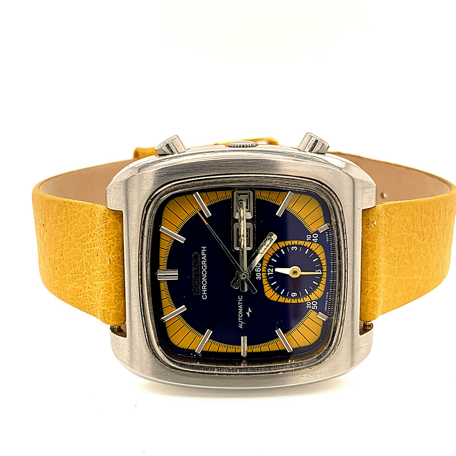 Rare Vintage Blue Yellow Seiko Monaco 7016-5011 Daini Flyback 1973