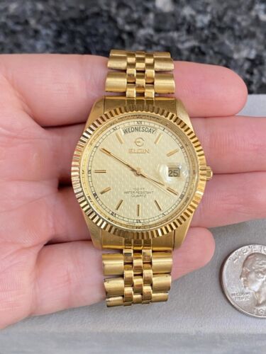 商談中　ELGIN DATE QUARTZ ゴールドシルバー　デイデイト Vtg Elgin Watch Men 34mm Silver Gold Two Tone Date New