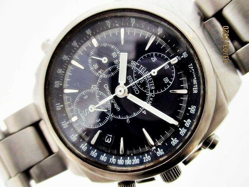 SEIKO 7T32 9000 SUS MENS BLACK TELEMETER CHRONOGRAPH SS DATE