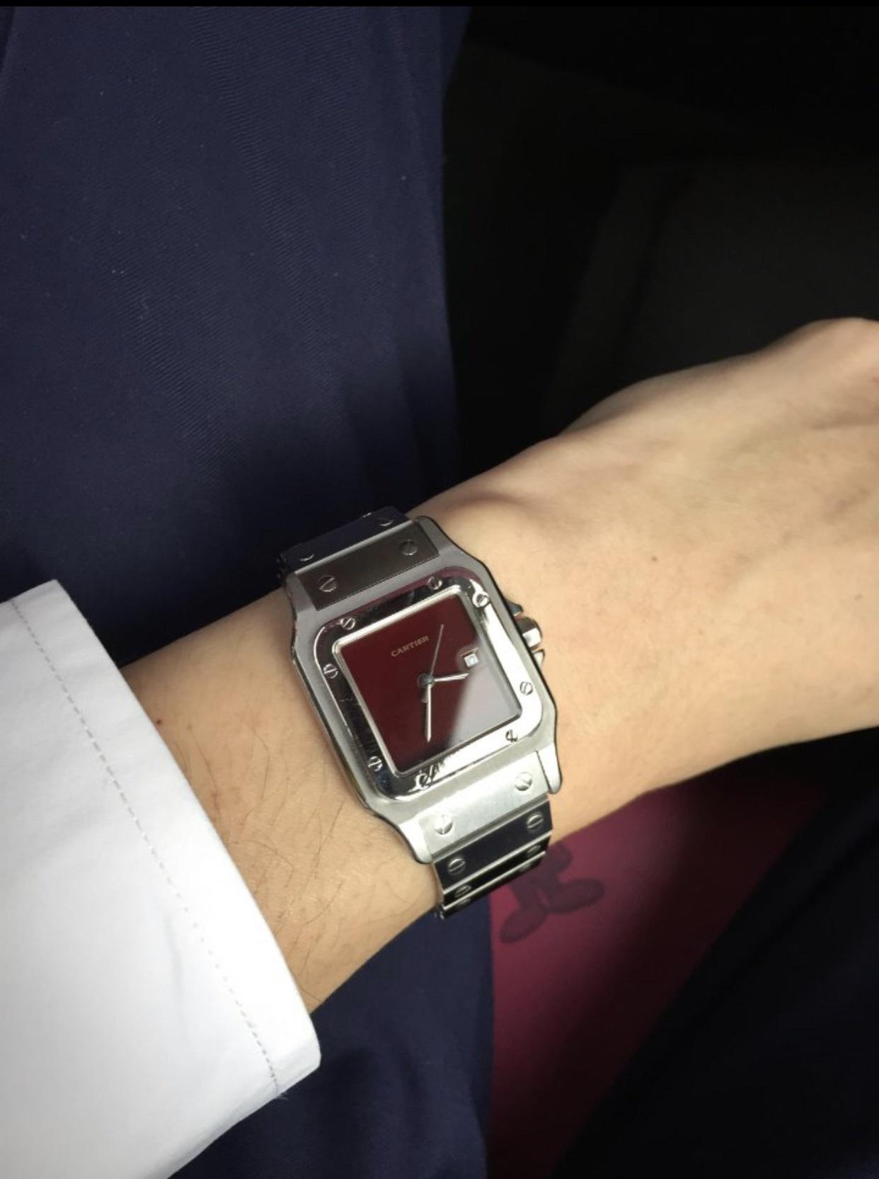 WTS Cartier Santos Carree Burgundy Dial 2960 in Stainless Steel