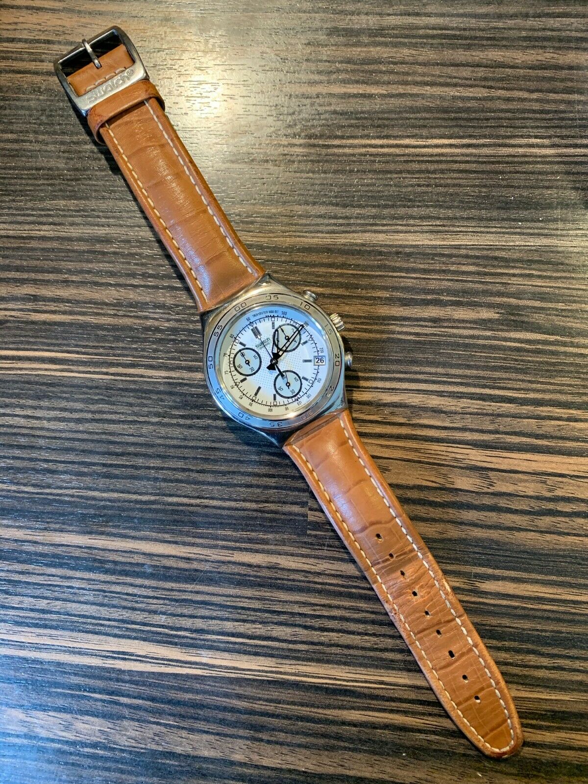 SWATCH IRONY CHRONOGRAPH TACHYMETER LEATHER STRAP YCS457 
