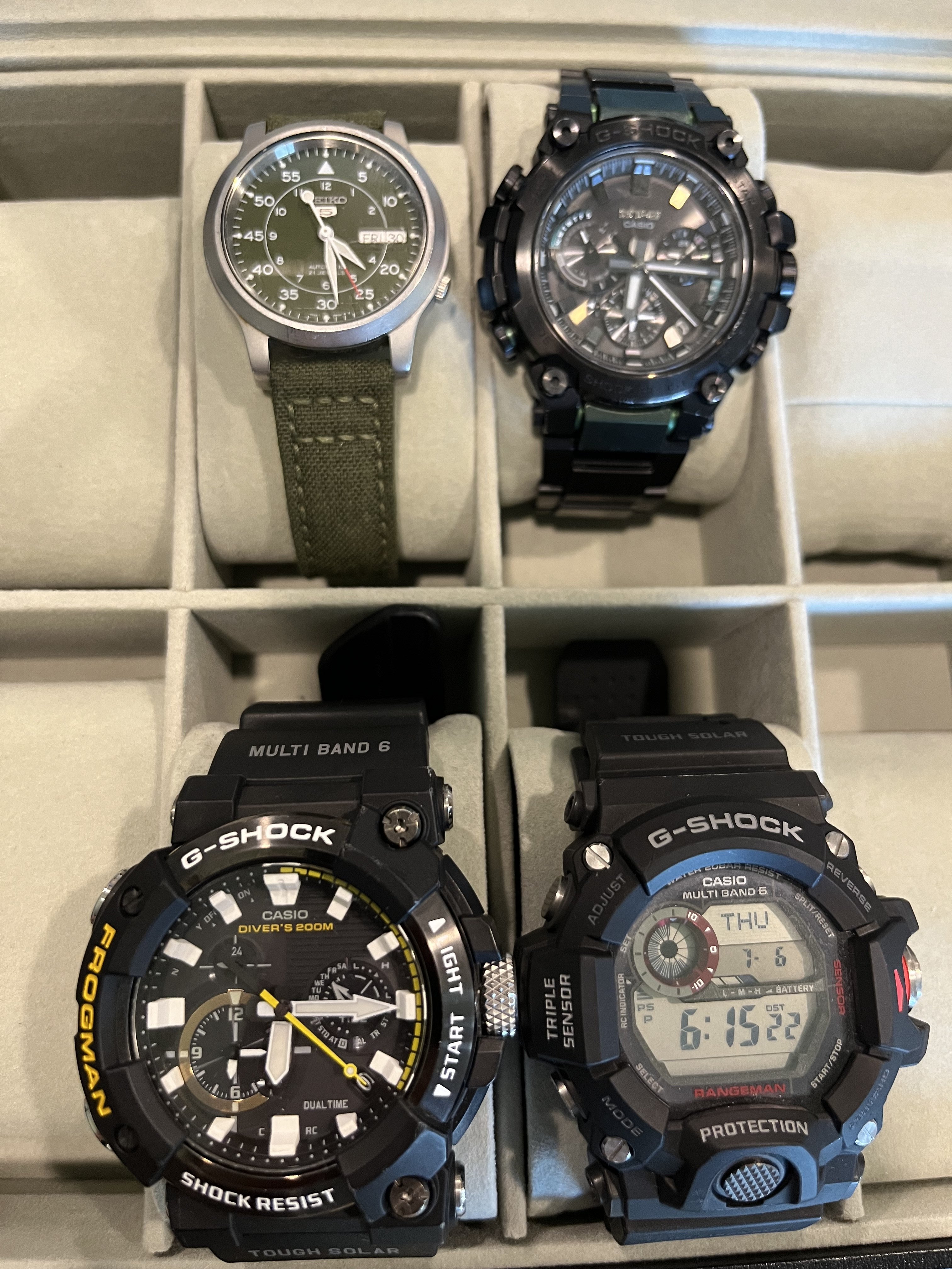 1 USD G Shocks with a Seiko Frogman Rangeman MTG Seiko 5