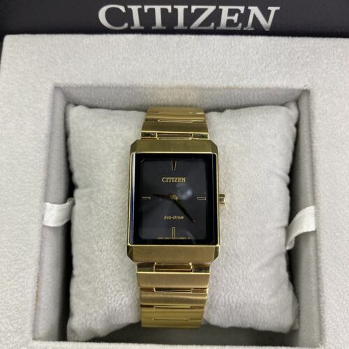 NEW✓Citizen Eco-Drive Stiletto Unisex Gold-Tone Black Dial 35mm