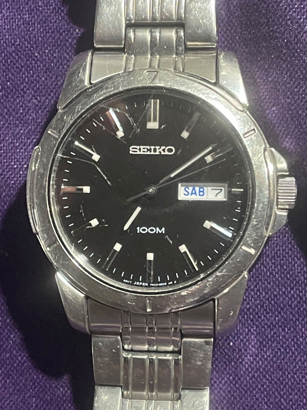 SEIKO 7N43 0AZ0 MENS 100M SILVER STEEL ANALOG QUARTZ WATCH DAY