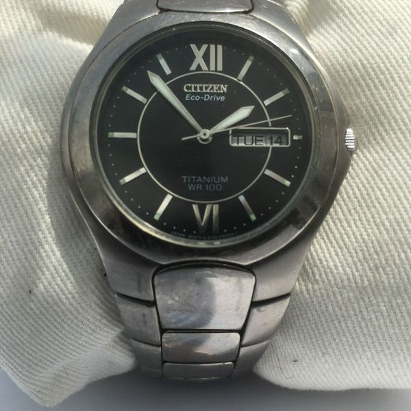 Citizen Mens Eco Drive Titanium 100 MTWR Day & Date Bracelet Watch E101
