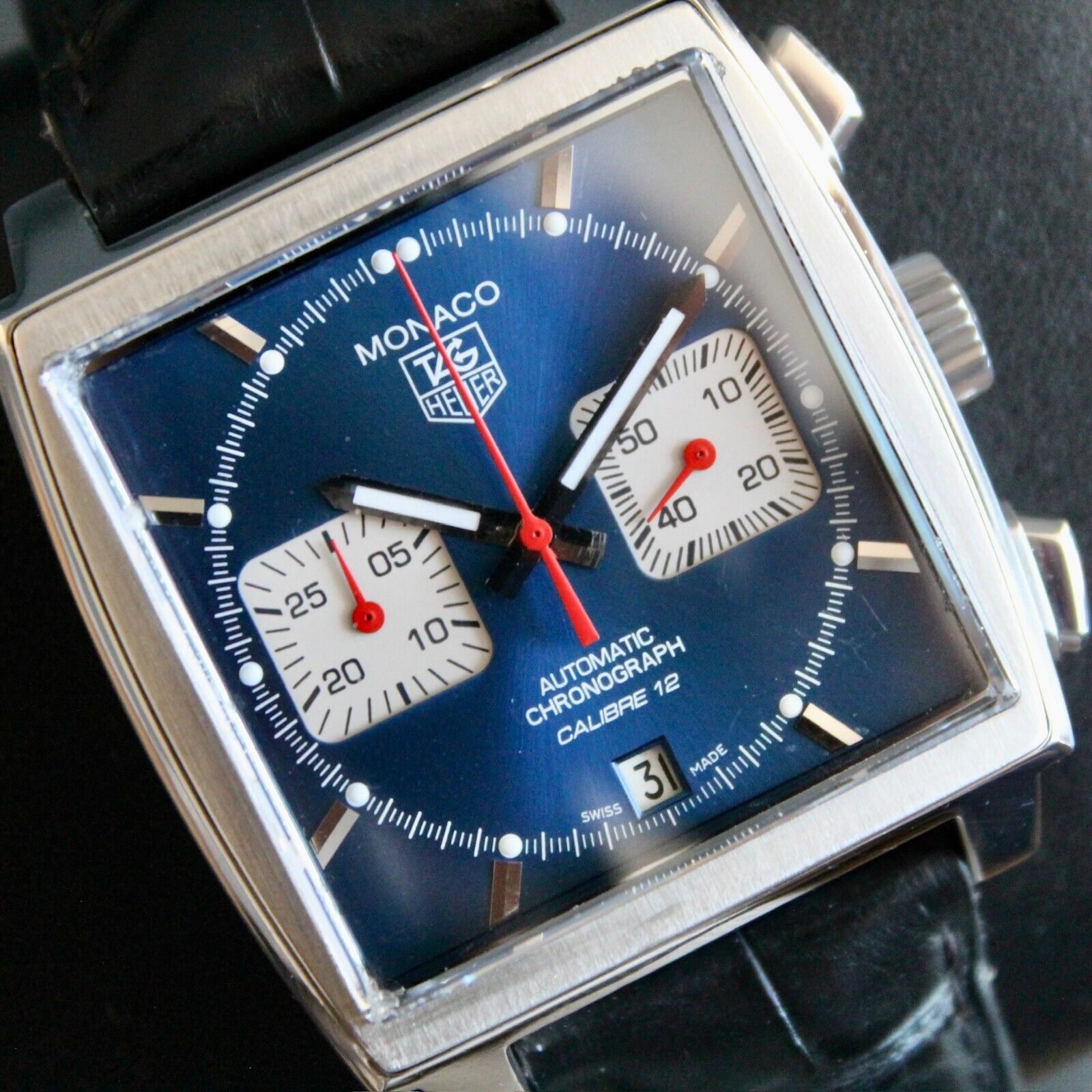 TAG Heuer Monaco Calibre 12 in stainless steel with a blue baton