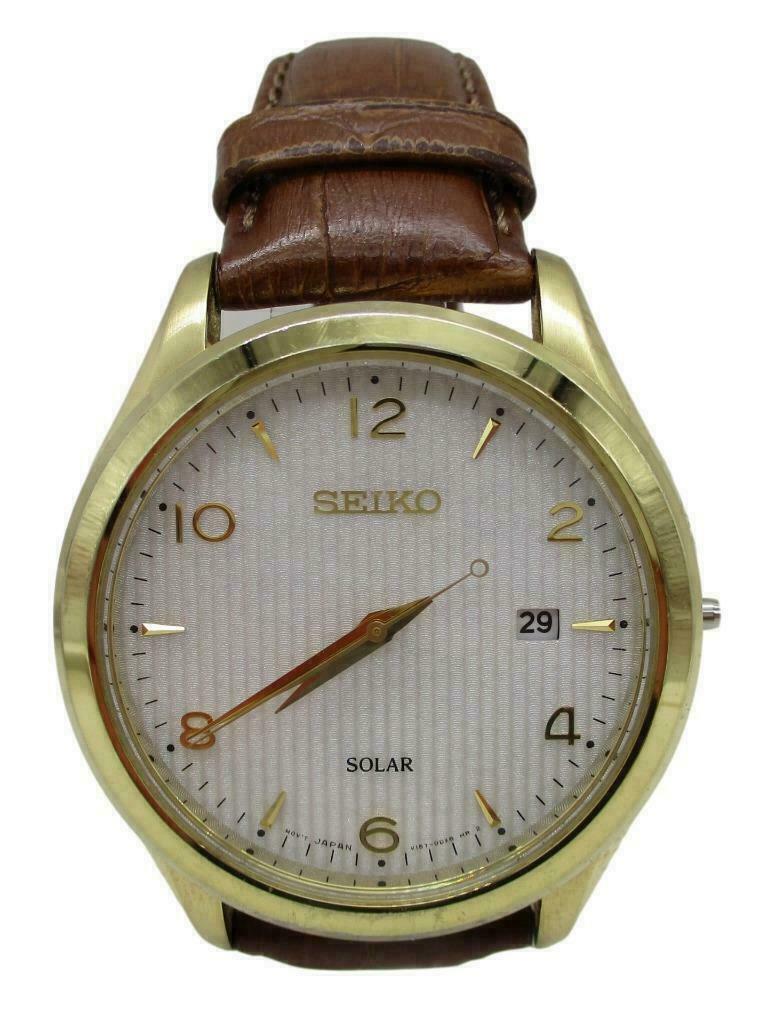 Men s Seiko SNE492 Solar Essentials Brown Leather Strap 42mm Date Watch WatchCharts