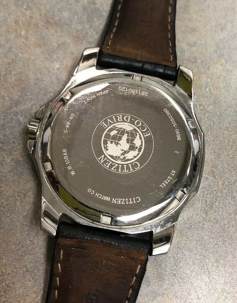 MEN'S STAINLESS STEEL BLACK LEATHER BAND CITIZEN ECO DRIVE WATCH