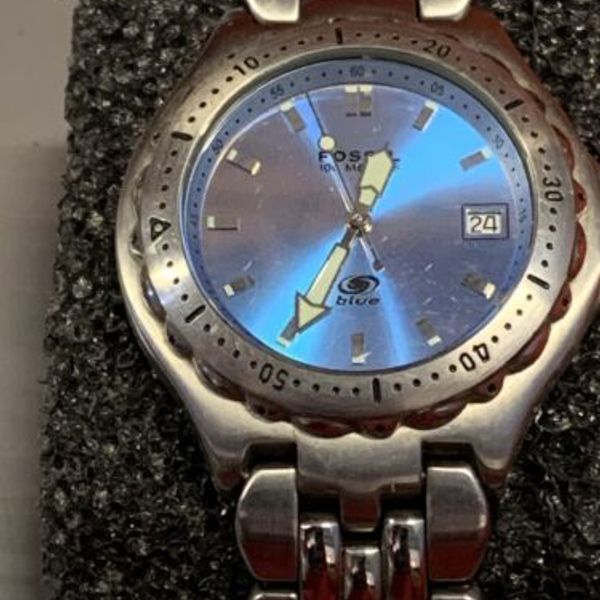 Vintage Silver Fossil Blue Analog Wrist Watch Am 3486 7 1/4” Wrist 40mm ...