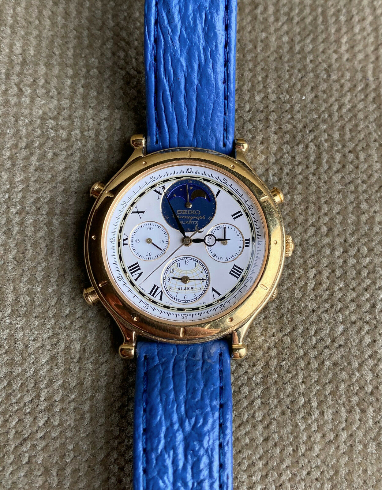 SEIKO 7T36-7A10 AGE OF DISCOVERY MOON PHASE ALARM CHRONOGRAPH