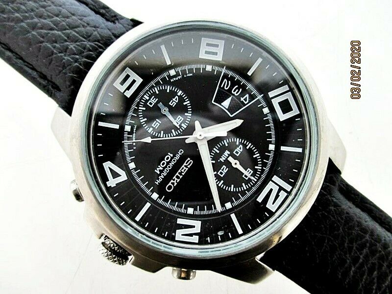 Montre Seiko Quartz Chronographe - Boîtier Acier 43mm, étanche 100m, Mouvement 7T94 - État Très Bon