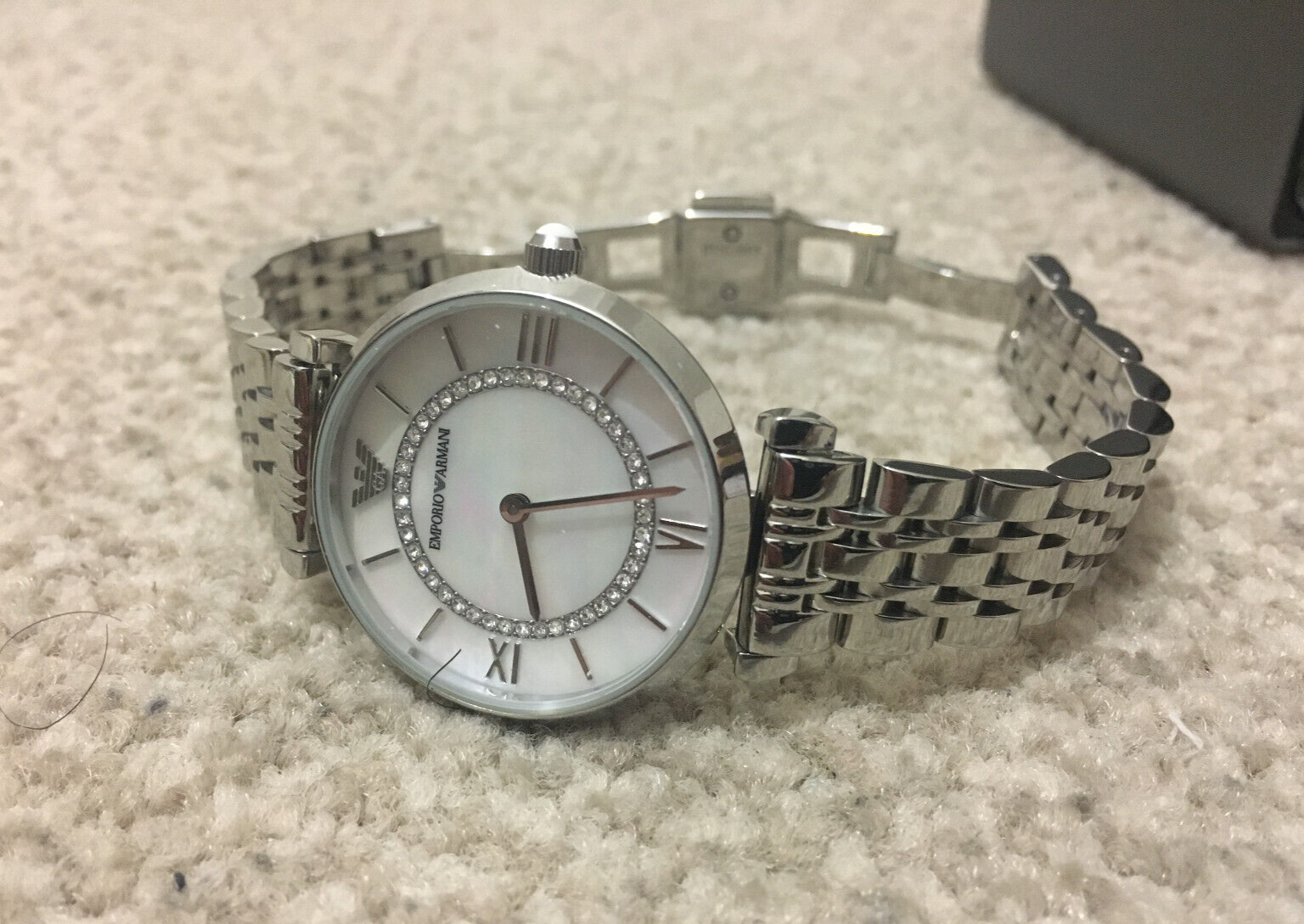 emporio armani ar1908 mother of pearl silver t-bar ladies watch