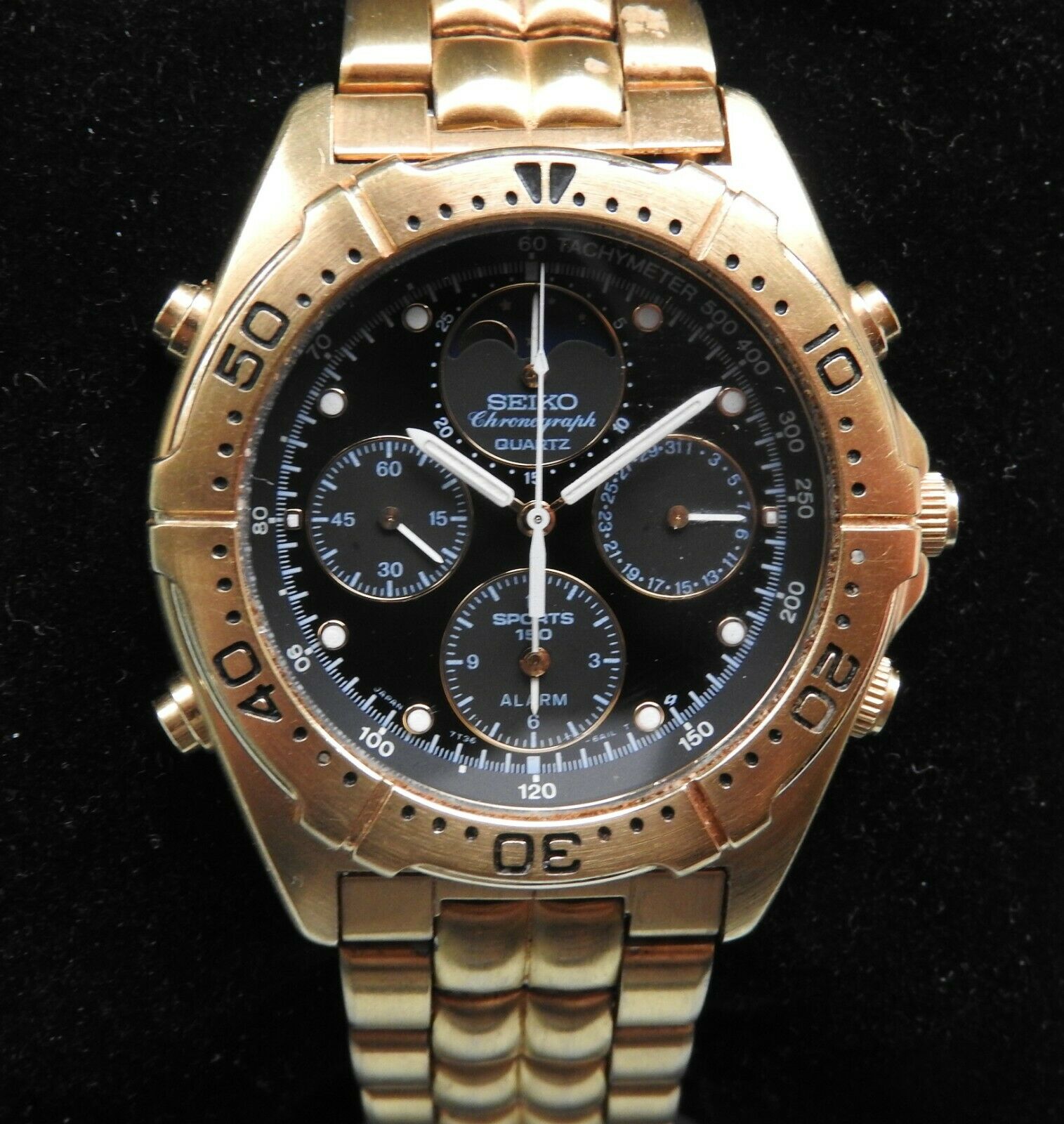 Seiko Chronograph Moon Phase Sports 150 7T36-6AIL/7T36-6A40 Gold Plated -  Works | WatchCharts