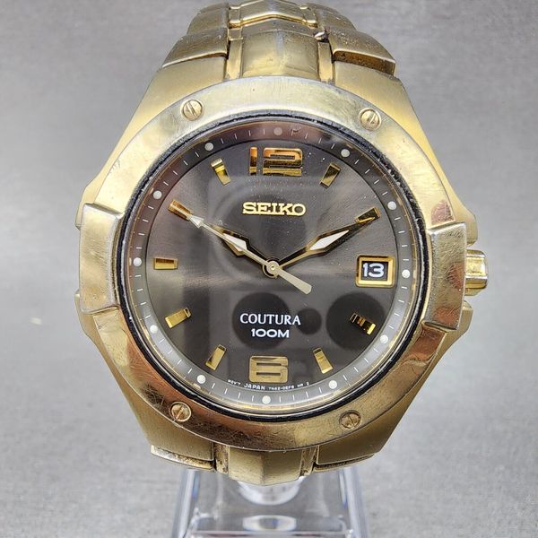 Seiko Coutura Watch Men 39mm Black Dial Gold Tone Date Round 7N42-0CH0