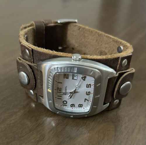 Vintage Fossil Wide Band Brown Leather Cuff Watch s-l400.jpg main image 3