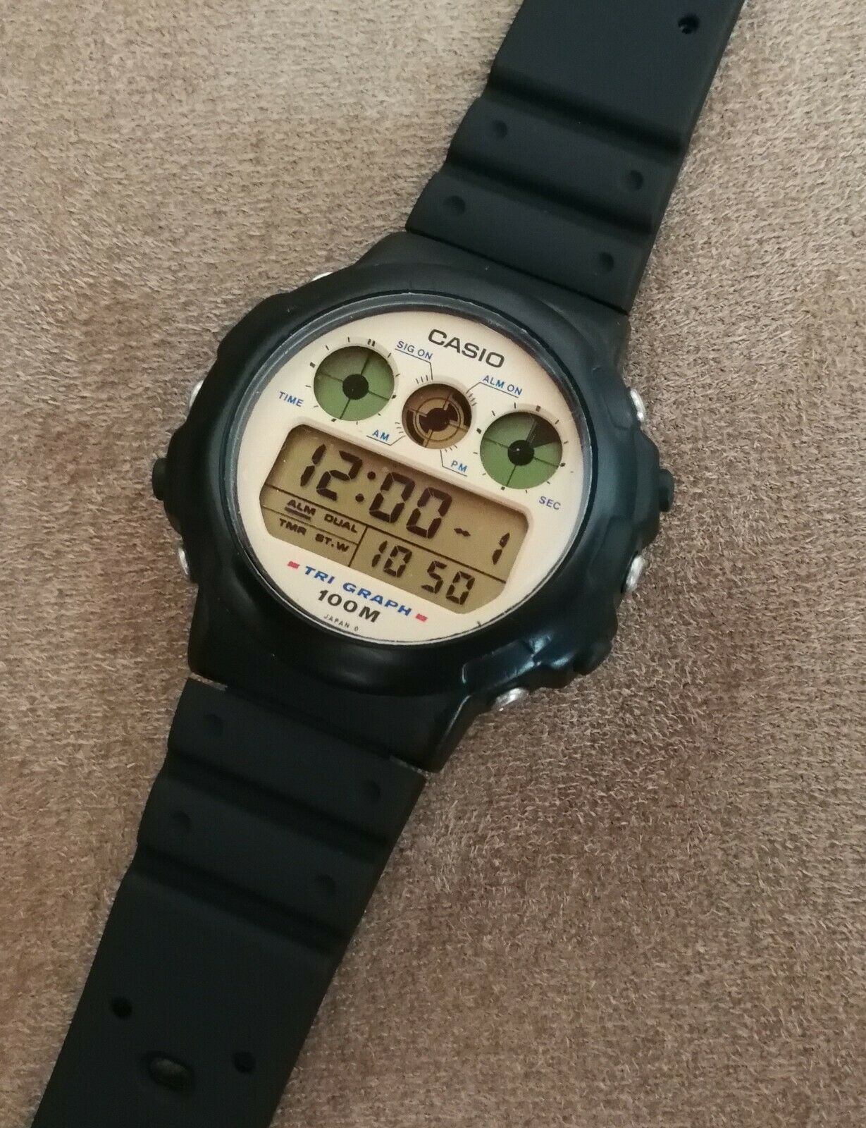 vintage casio tgw-10 tri graph alarm chrono lcd watch from 1990