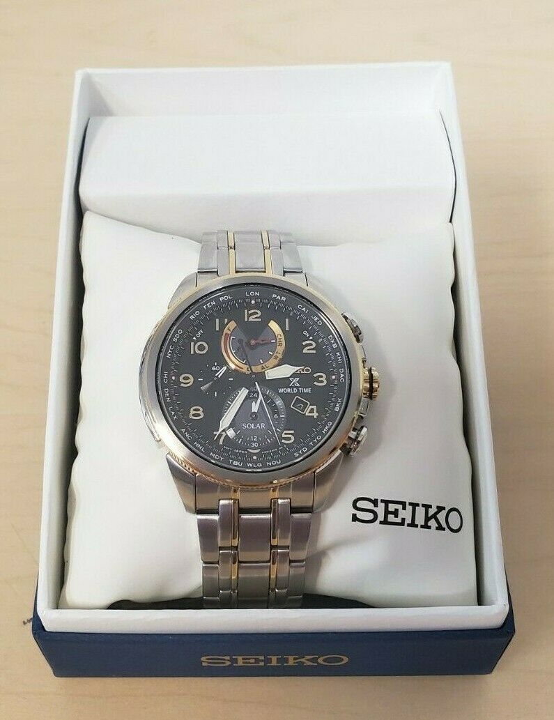 seiko men's prospex world time solar chronograph silvertone watch