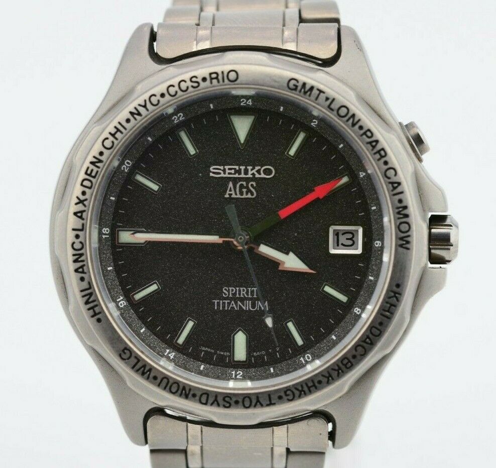 Vintage Seiko AGS Spirit Titanium Kinetic GMT Watch 5M45