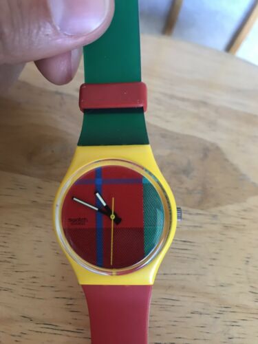 Vintage Swiss Swatch Watch Plaid Pattern Green Red Yellow  display picture 2