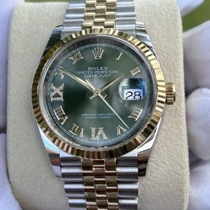 Rolex Datejust 36 Olive Green Diamond Dial Box Papers 18K Yellow Gold & SS  Jubilee