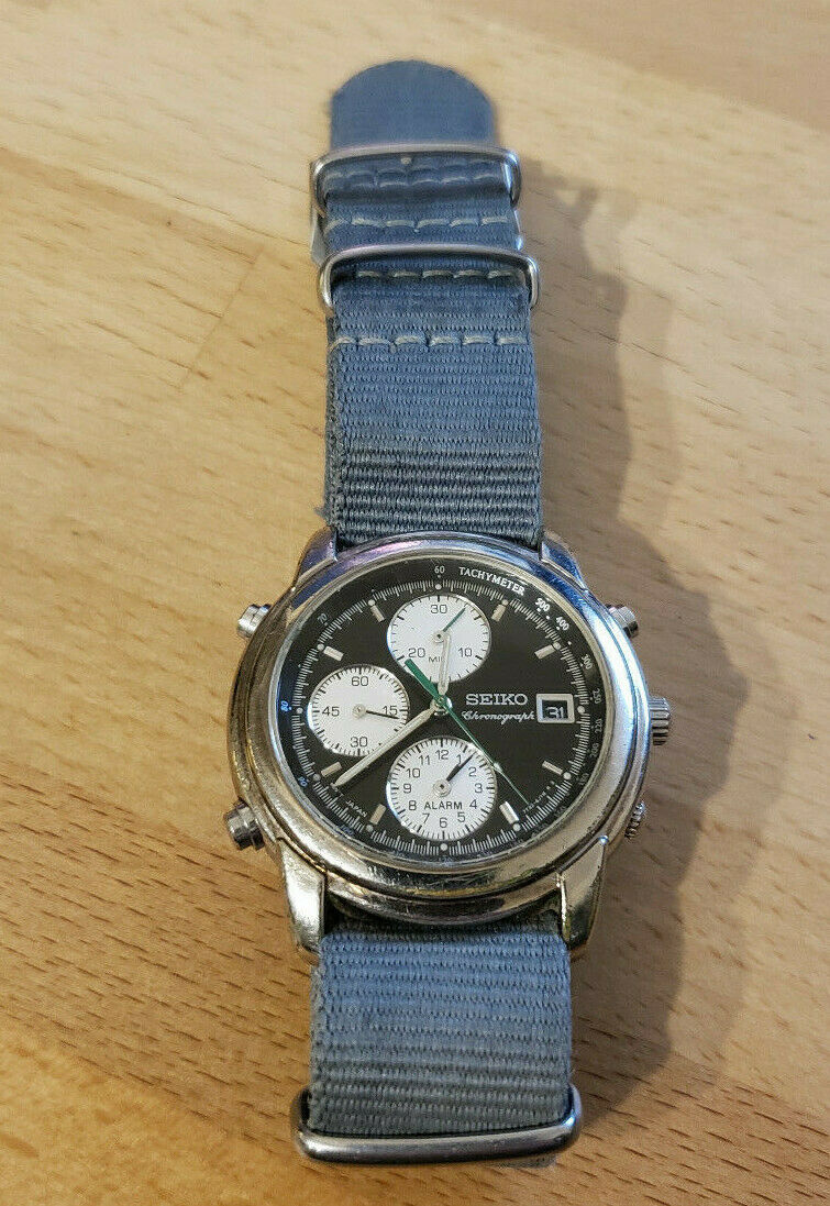 SEIKO 7T32-6043 steel watch reverse panda quartz chronograph