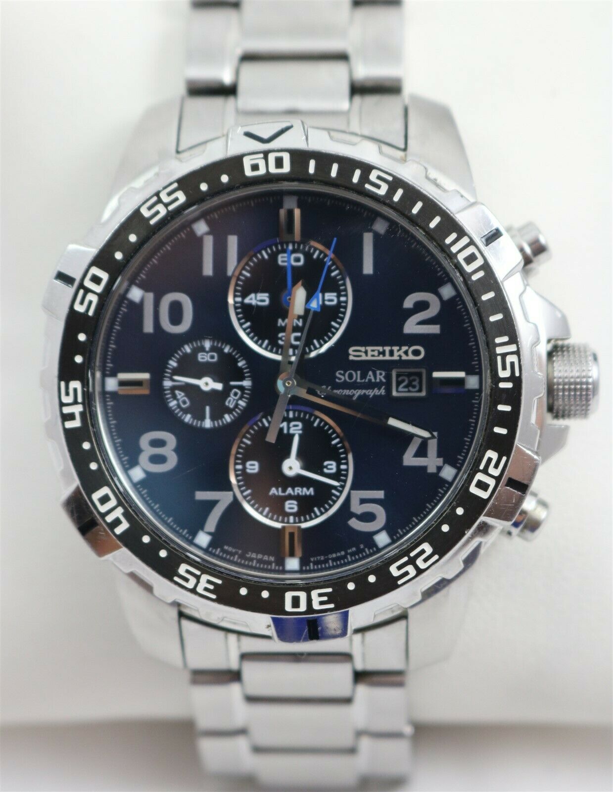 Seiko Solar Chronograph Alarm V172-0AT0 Blue Dial Stainless