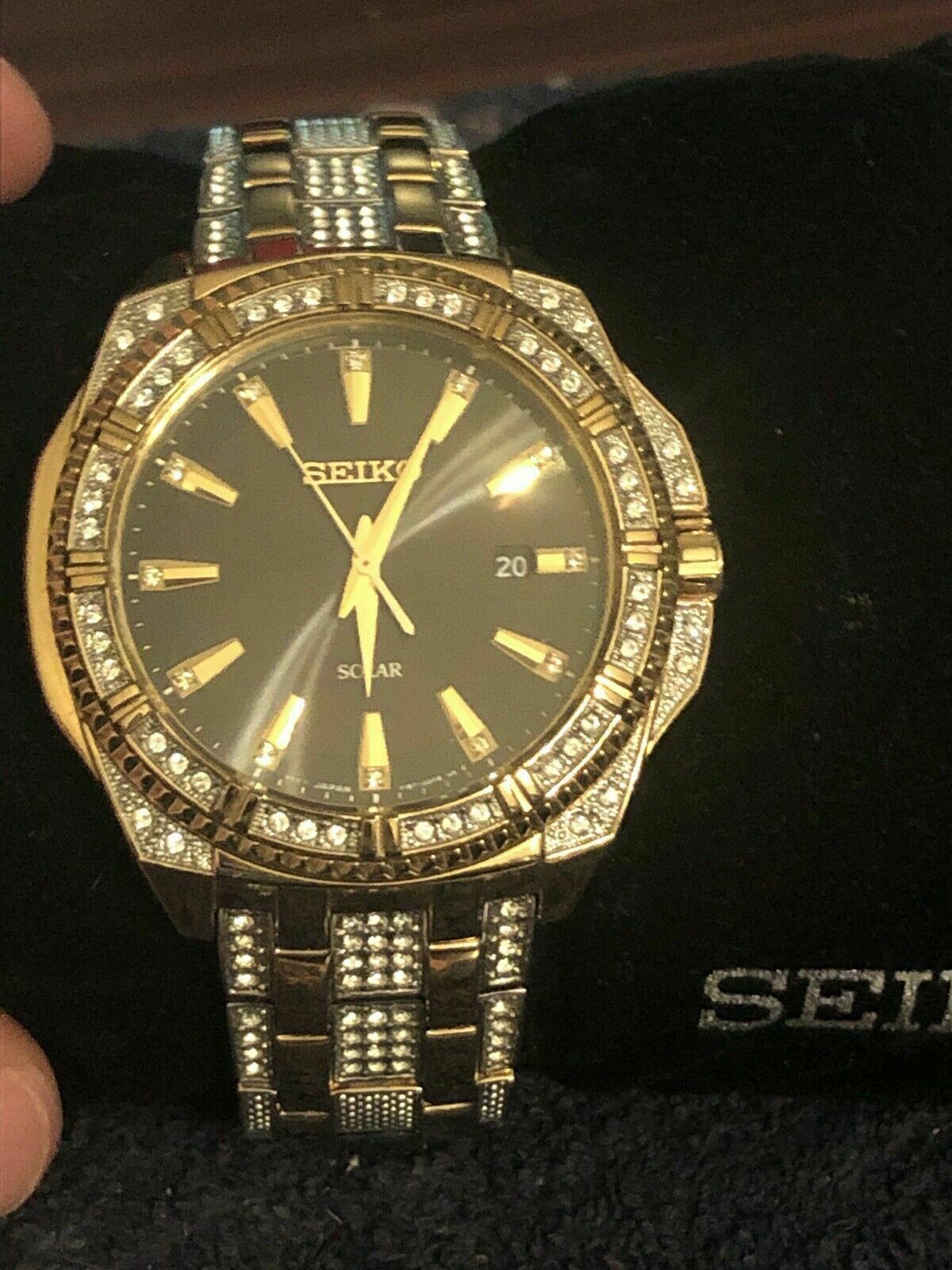Seiko Men's Watch SNE458 Solar Swarovski Crystal Gold Tone V157