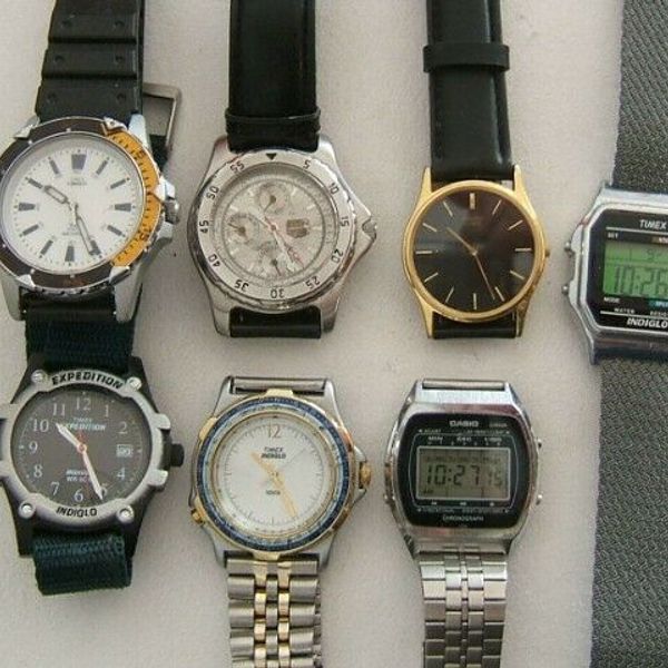 Lot of 7 quartz Men's watches, new batteries, Seiko, Timex, Casio