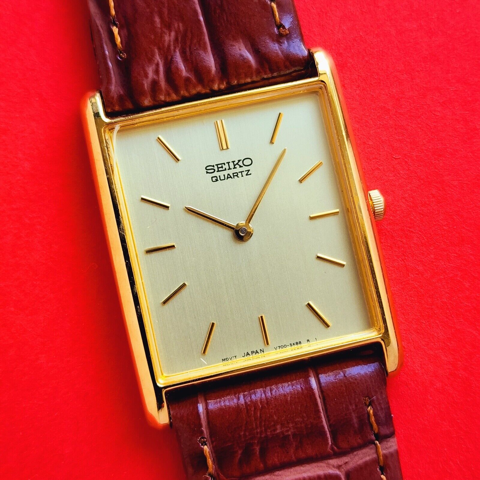 Seiko Tank Watch Gold Coloured Case Brown Leather Band V700